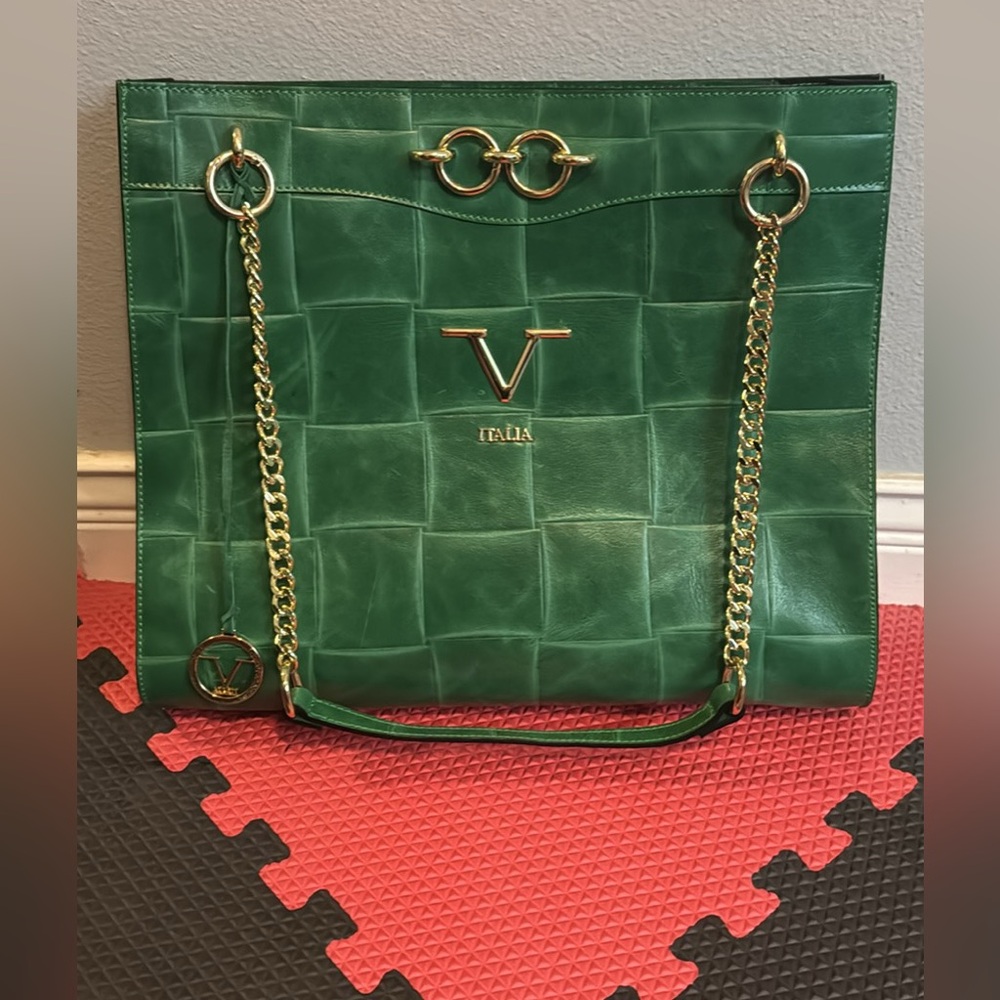 Italina Green Tote with Gold Chain Accents